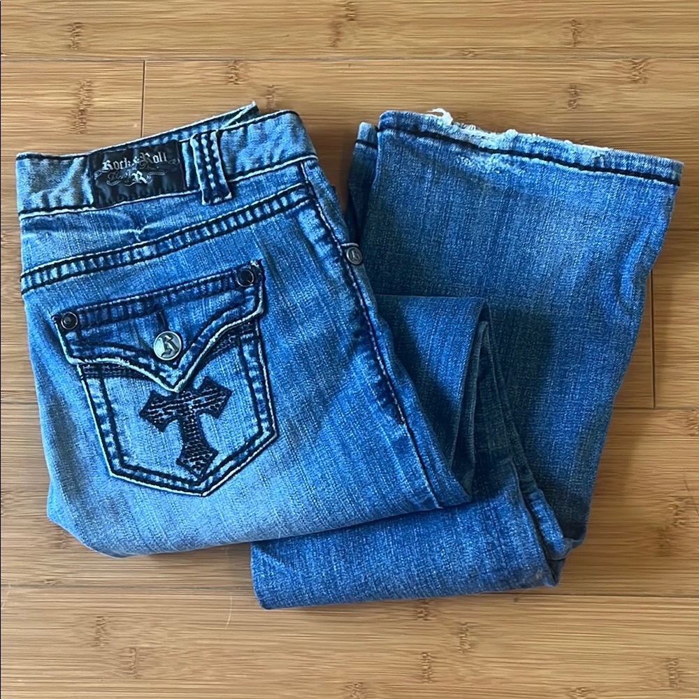 Rock & Roll Cowgirl Blue Boot Cut Jeans with Decorative Stitching